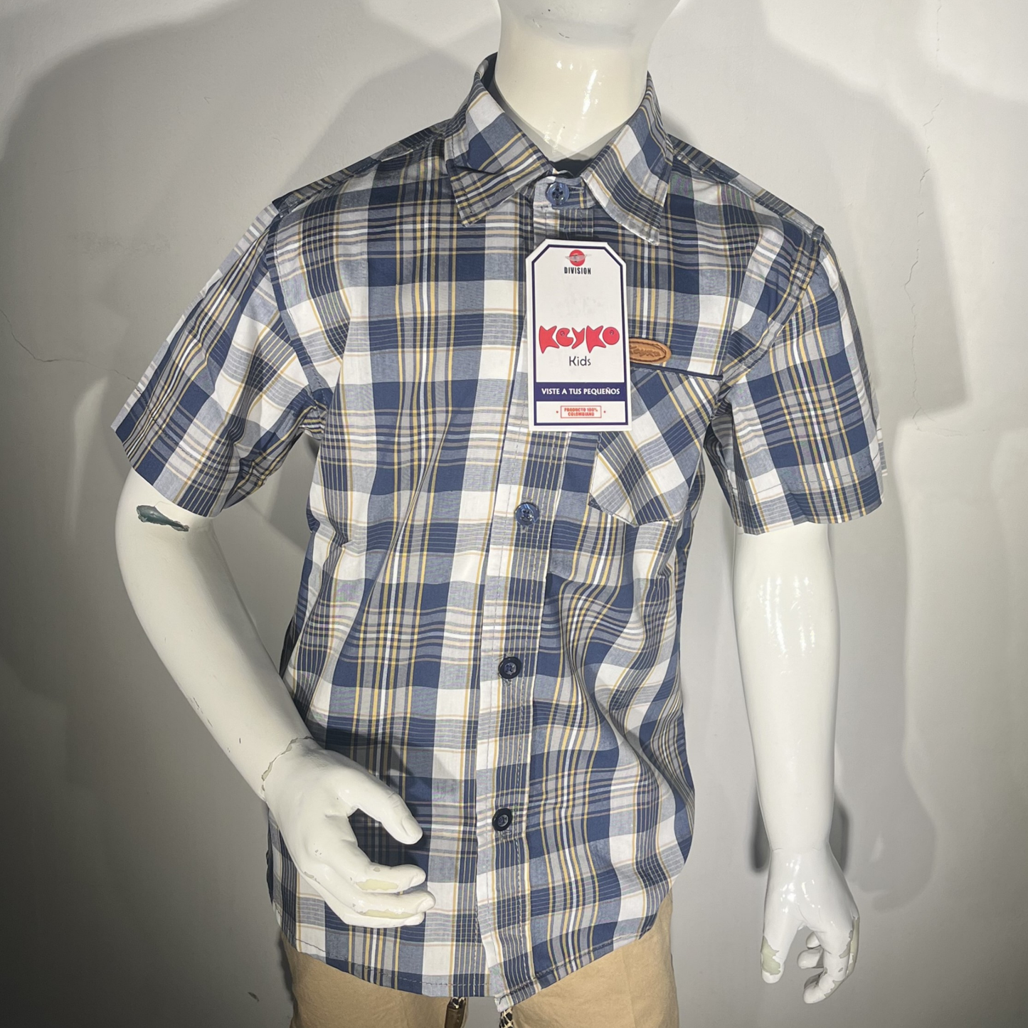 Camisa Algodón niño manga corta - Cuadros Azul/Amarillo/Blanco